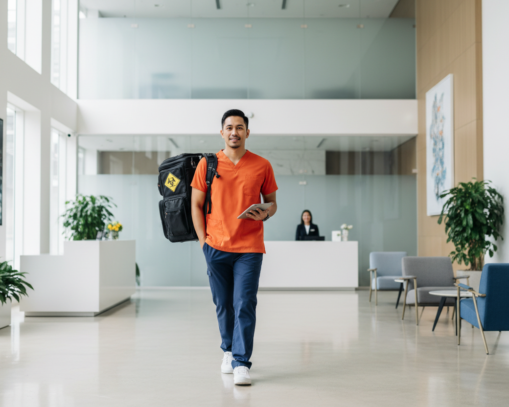 a home phlebotomist, male of philipino origin, wearing orange scrubs and blue pants, with a black plhebotomy backpack walking in a condo lobby